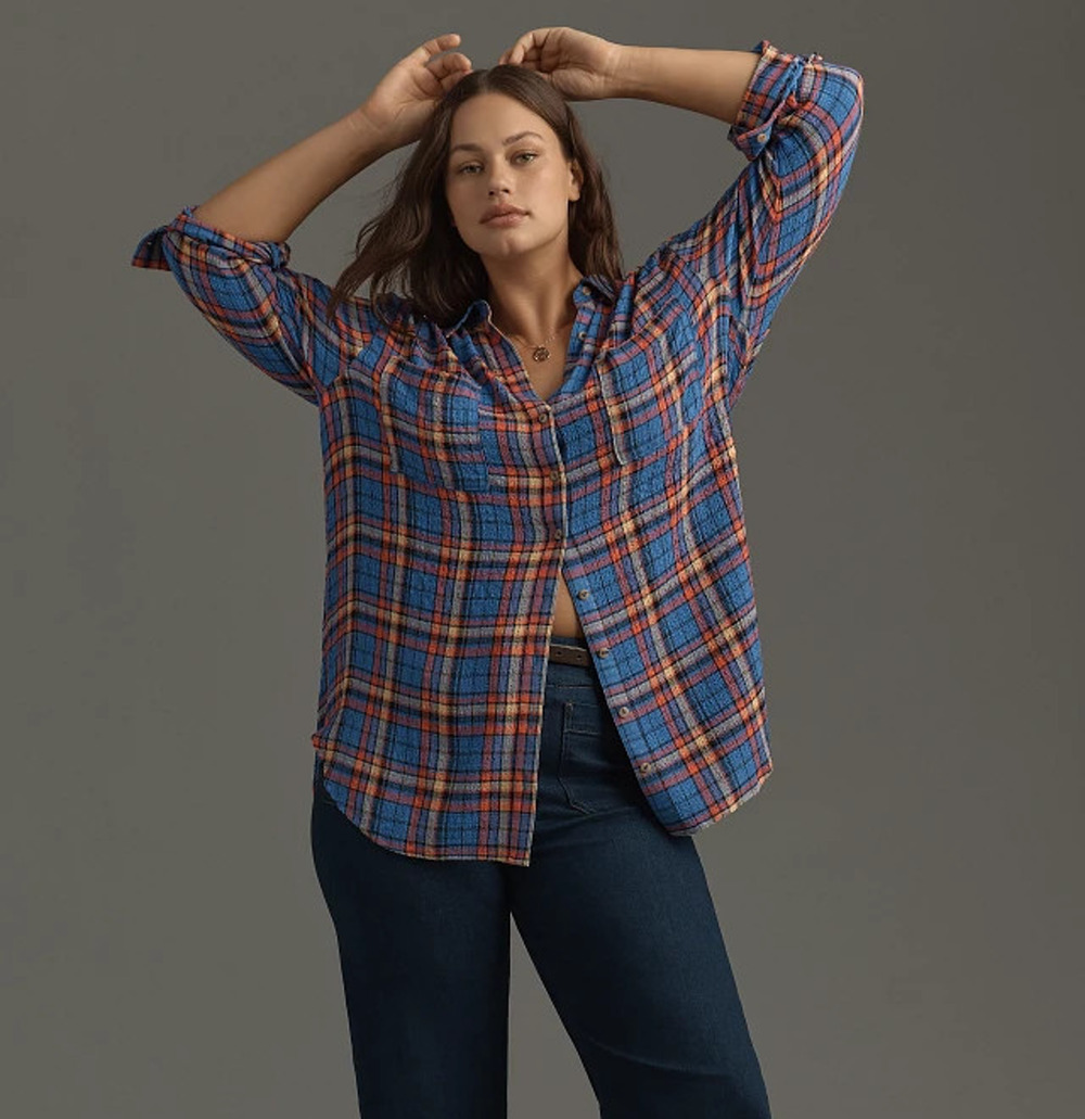 Pilcro Anthropologie Top Small Blue Plaid The Hadley Relaxed Buttondown Shirt